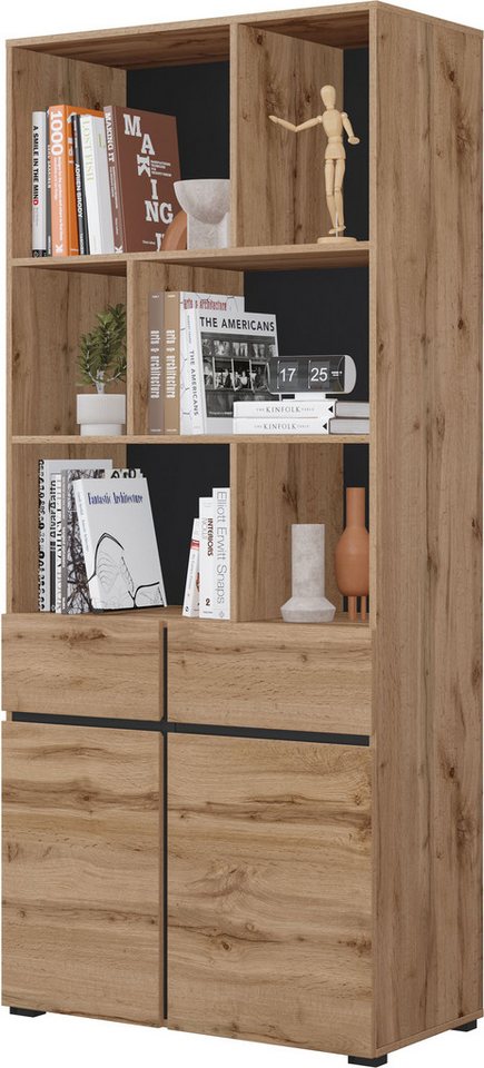 OTTO home Aktenschrank Cross, Breite 85 cm, modernem grifflose Standregal, Bücherregal Standregal mit 6 offene Fächern, 2 Schubladen und 2 Türen, Büroregal