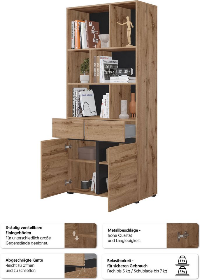 OTTO home Aktenschrank Cross, Breite 85 cm, modernem grifflose Standregal, Bücherregal Standregal mit 6 offene Fächern, 2 Schubladen und 2 Türen, Büroregal Bild 2