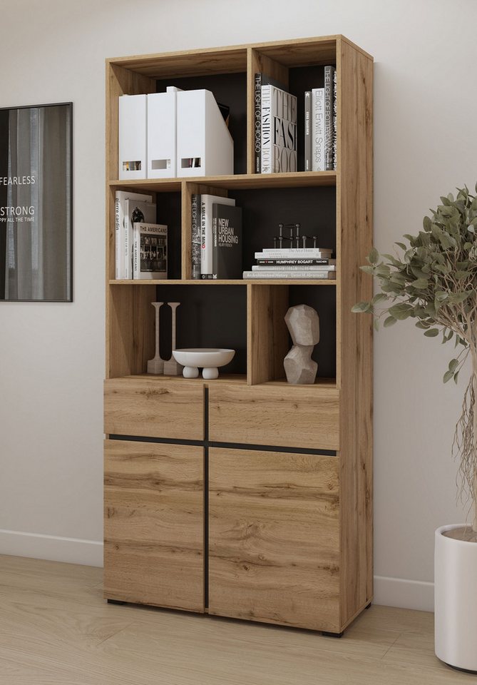 OTTO home Aktenschrank Cross, Breite 85 cm, modernem grifflose Standregal, Bücherregal Standregal mit 6 offene Fächern, 2 Schubladen und 2 Türen, Büroregal Bild 3
