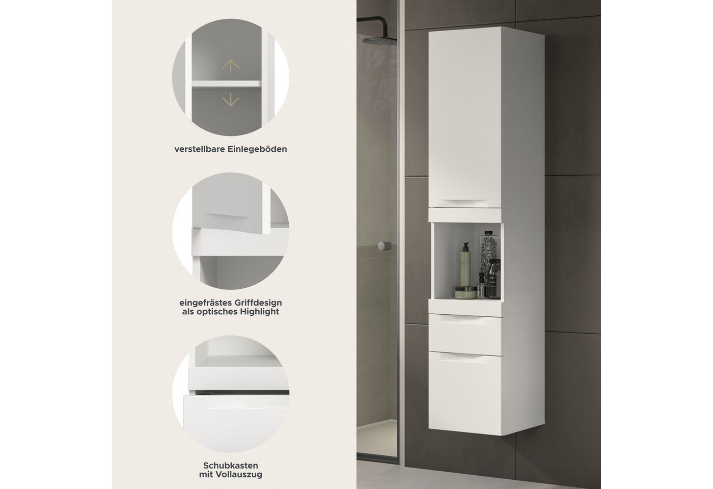 OTTO home Hängeschrank MAOI, Höhe 166cm, 1 Tür, 2 Schubkästen, 1 offenes Fach (Türanschlag wechselbar, insg. 4 Fächer) Badezimmerschrank, Schrank, Kommode, Midischrank, Bad, Badezimmer