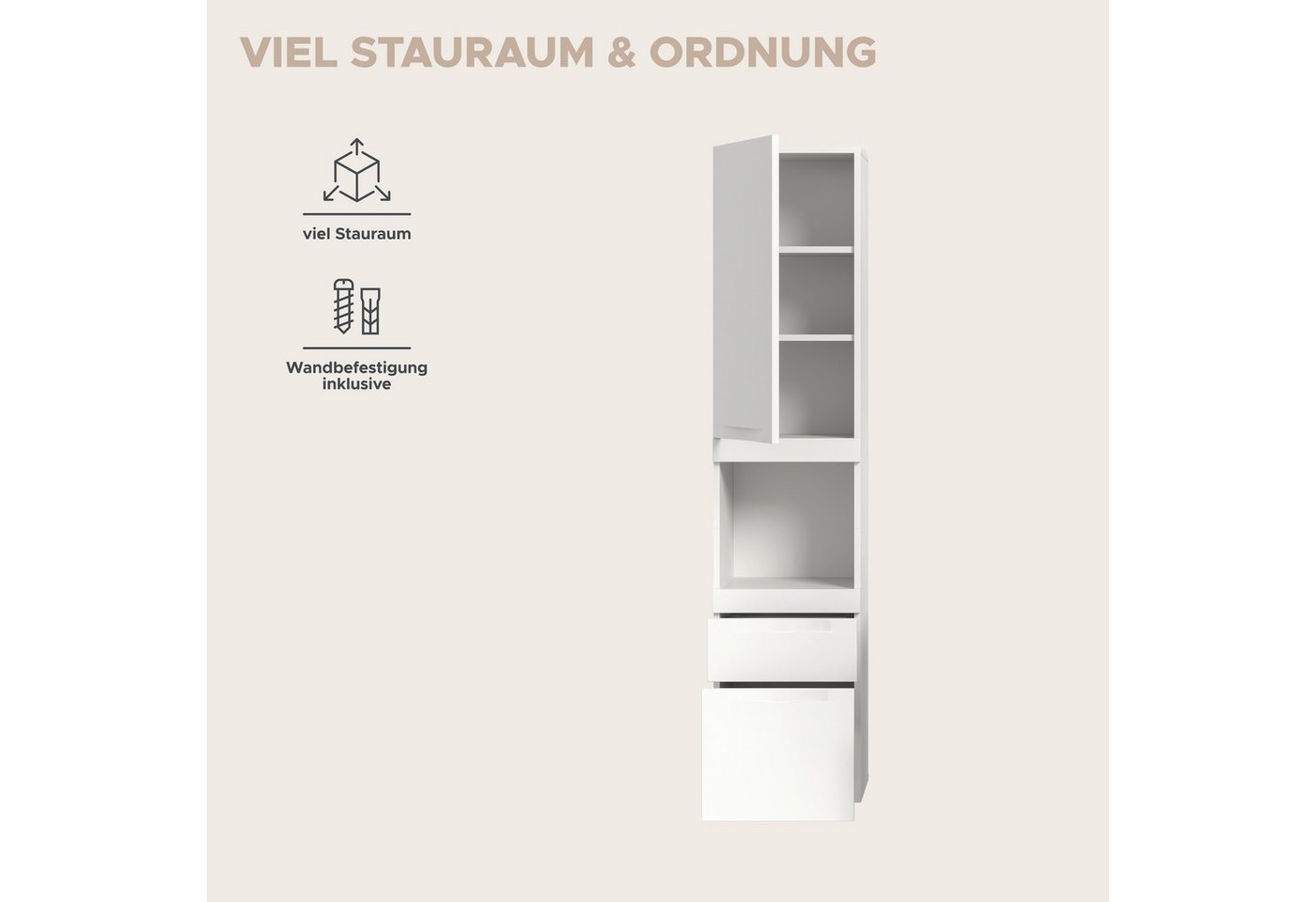 OTTO home Hängeschrank MAOI, Höhe 166cm, 1 Tür, 2 Schubkästen, 1 offenes Fach (Türanschlag wechselbar, insg. 4 Fächer) Badezimmerschrank, Schrank, Kommode, Midischrank, Bad, Badezimmer Bild 2