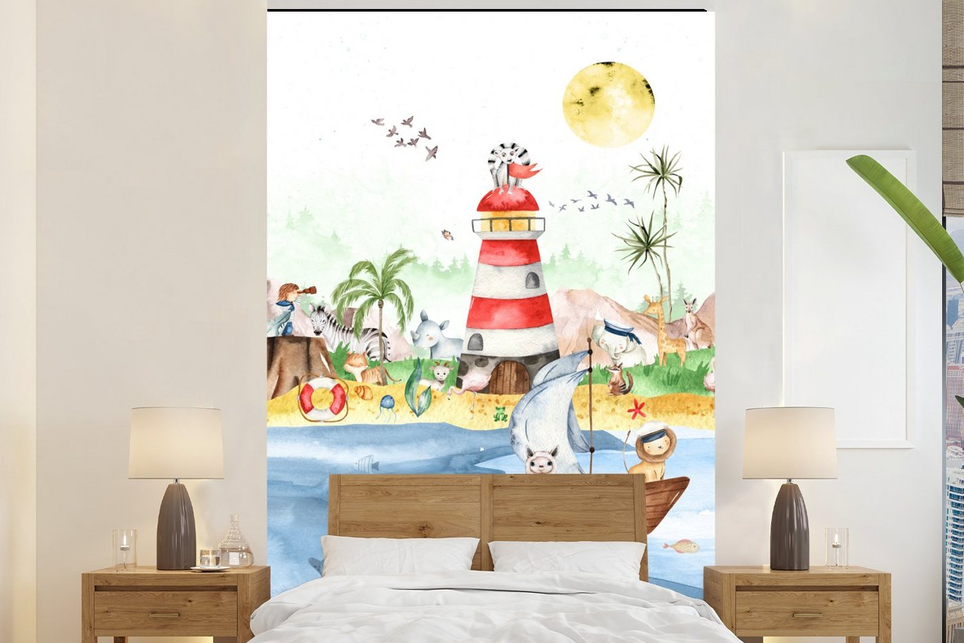 MuchoWow Fototapete Strand - Tiere - Kinder - Leuchtturm - Jungen, Matt, bedruckt, Montagefertig Vinyl Tapete, Wandtapete, 145x220 cm