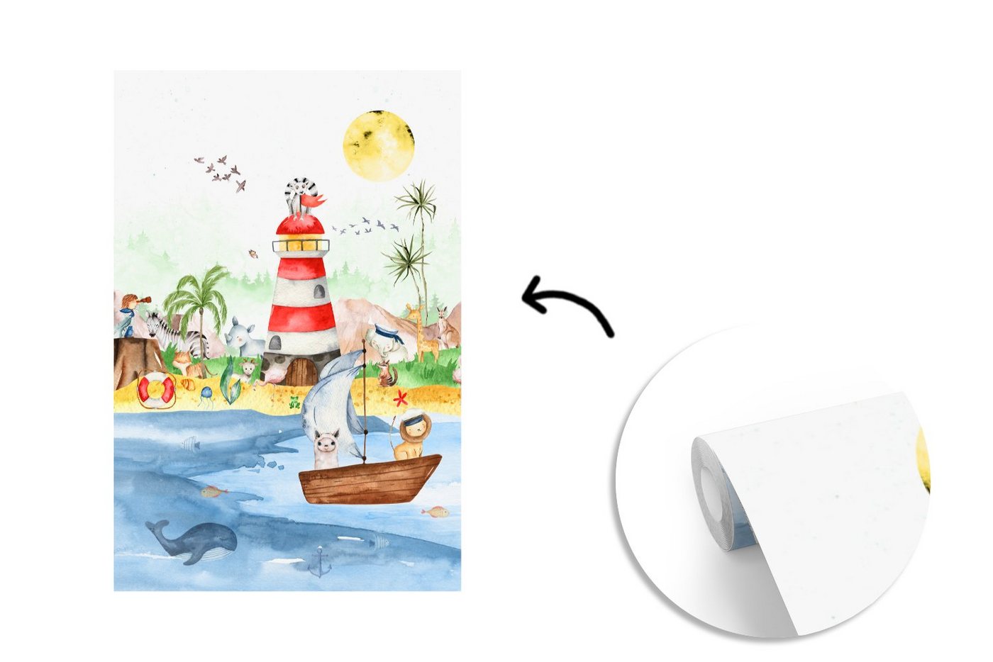 MuchoWow Fototapete Strand - Tiere - Kinder - Leuchtturm - Jungen, Matt, bedruckt, Montagefertig Vinyl Tapete, Wandtapete, 145x220 cm Bild 2