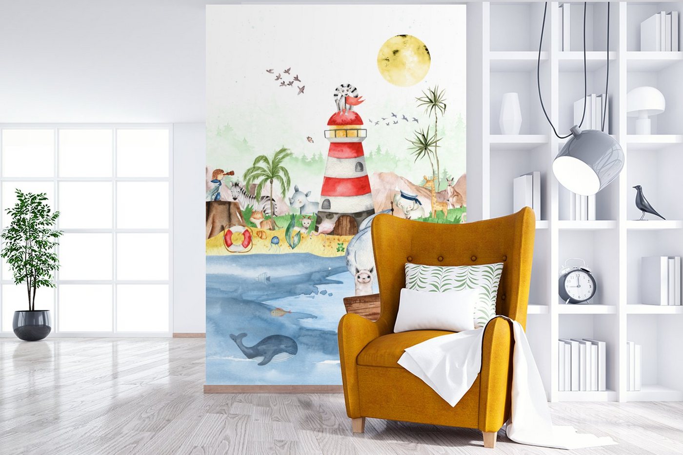 MuchoWow Fototapete Strand - Tiere - Kinder - Leuchtturm - Jungen, Matt, bedruckt, Montagefertig Vinyl Tapete, Wandtapete, 145x220 cm Bild 3