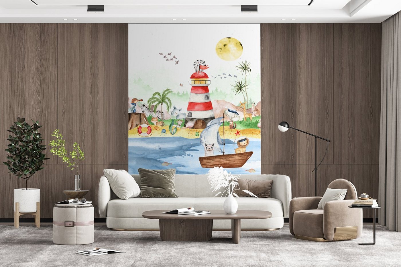MuchoWow Fototapete Strand - Tiere - Kinder - Leuchtturm - Jungen, Matt, bedruckt, Montagefertig Vinyl Tapete, Wandtapete, 145x220 cm Bild 4