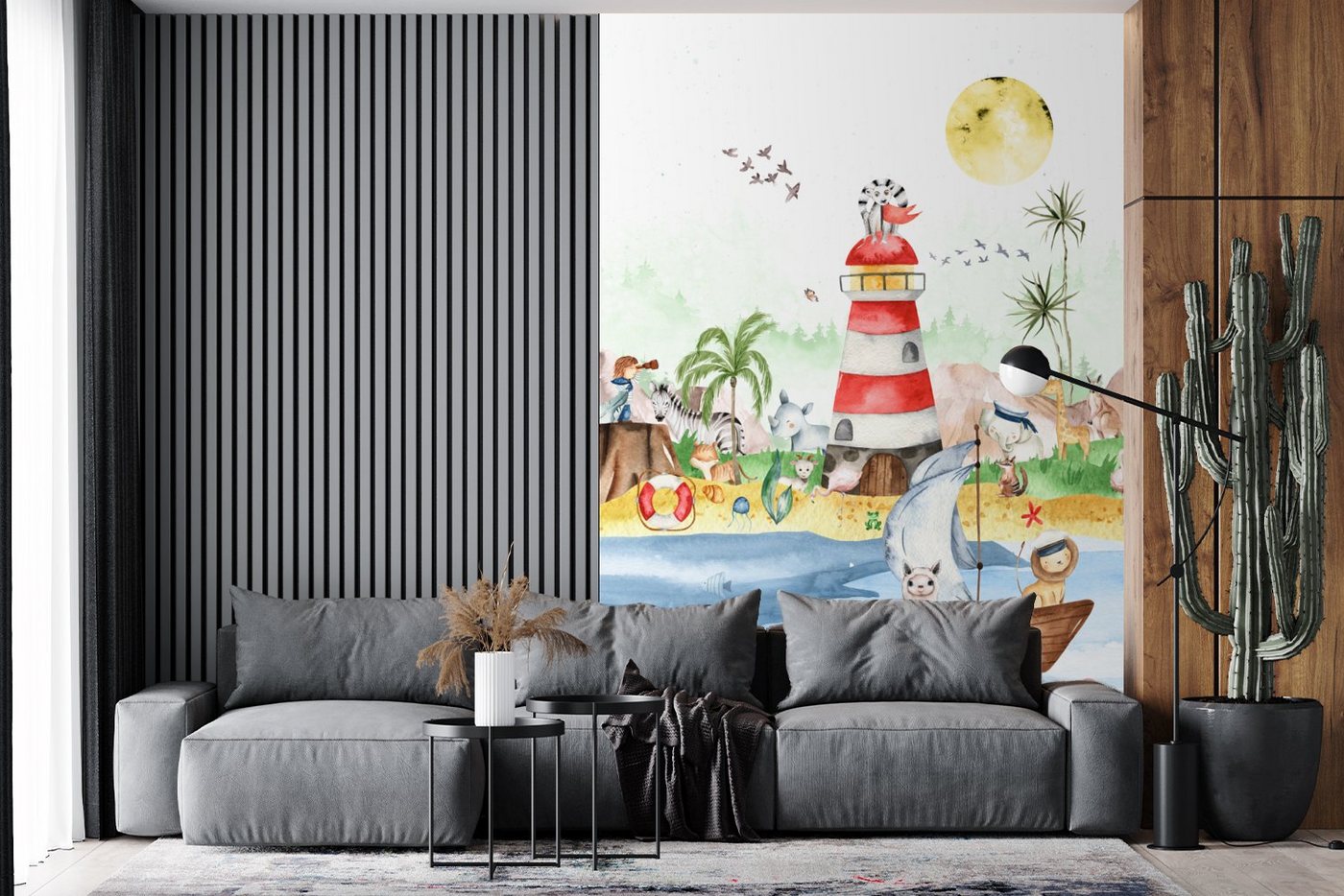 MuchoWow Fototapete Strand - Tiere - Kinder - Leuchtturm - Jungen, Matt, bedruckt, Montagefertig Vinyl Tapete, Wandtapete, 145x220 cm Bild 5