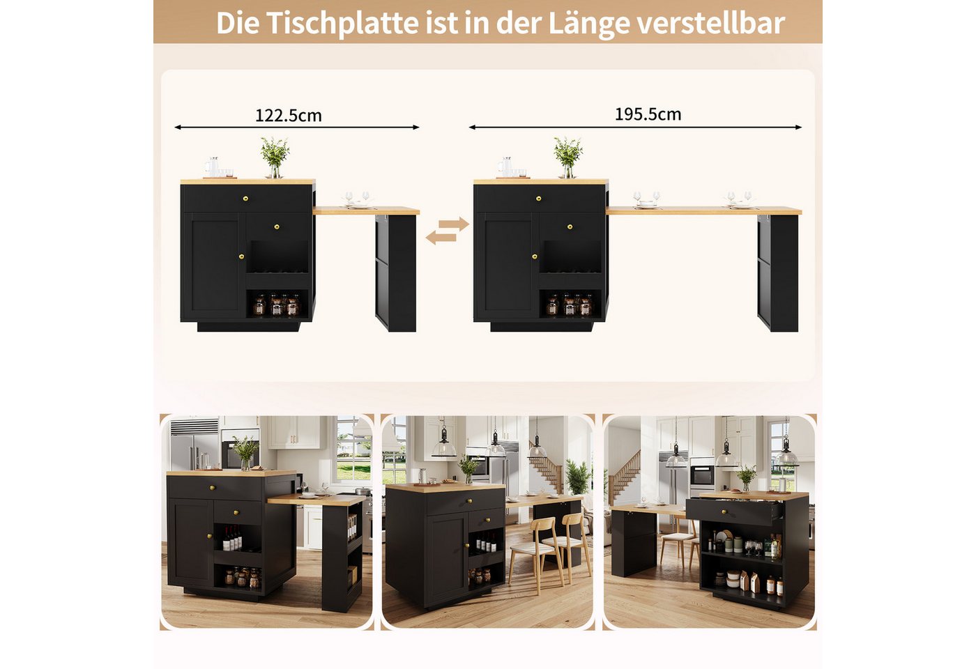 i@home Kücheninsel Multifunktionaler Kücheninselschrank, mit ausziehbarer Tischplatte, 122,5–195,5cm, belastbar bis 60kg