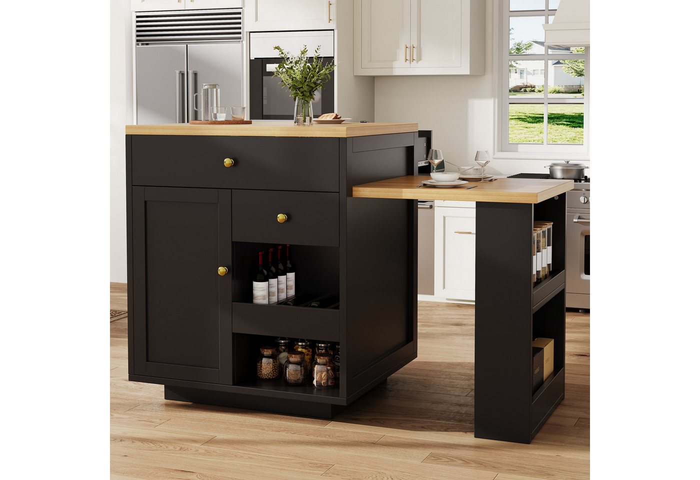 i@home Kücheninsel Multifunktionaler Kücheninselschrank, mit ausziehbarer Tischplatte, 122,5–195,5cm, belastbar bis 60kg Bild 2