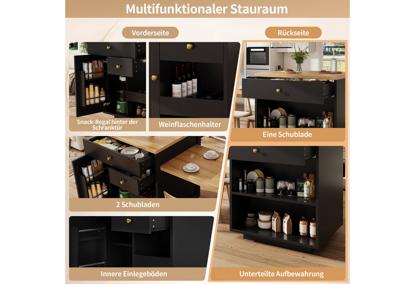 i@home Kücheninsel Multifunktionaler Kücheninselschrank, mit ausziehbarer Tischplatte, 122,5–195,5cm, belastbar bis 60kg Bild 5