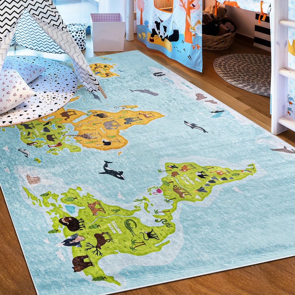 Mazovia Kinderteppich Kinderteppich Kinderzimmerteppich Spielteppich Weltkarte, 80 x 150 cm, Kurflor, Waschbar in Waschmaschine, Höhe 5 mm, Rutschfest