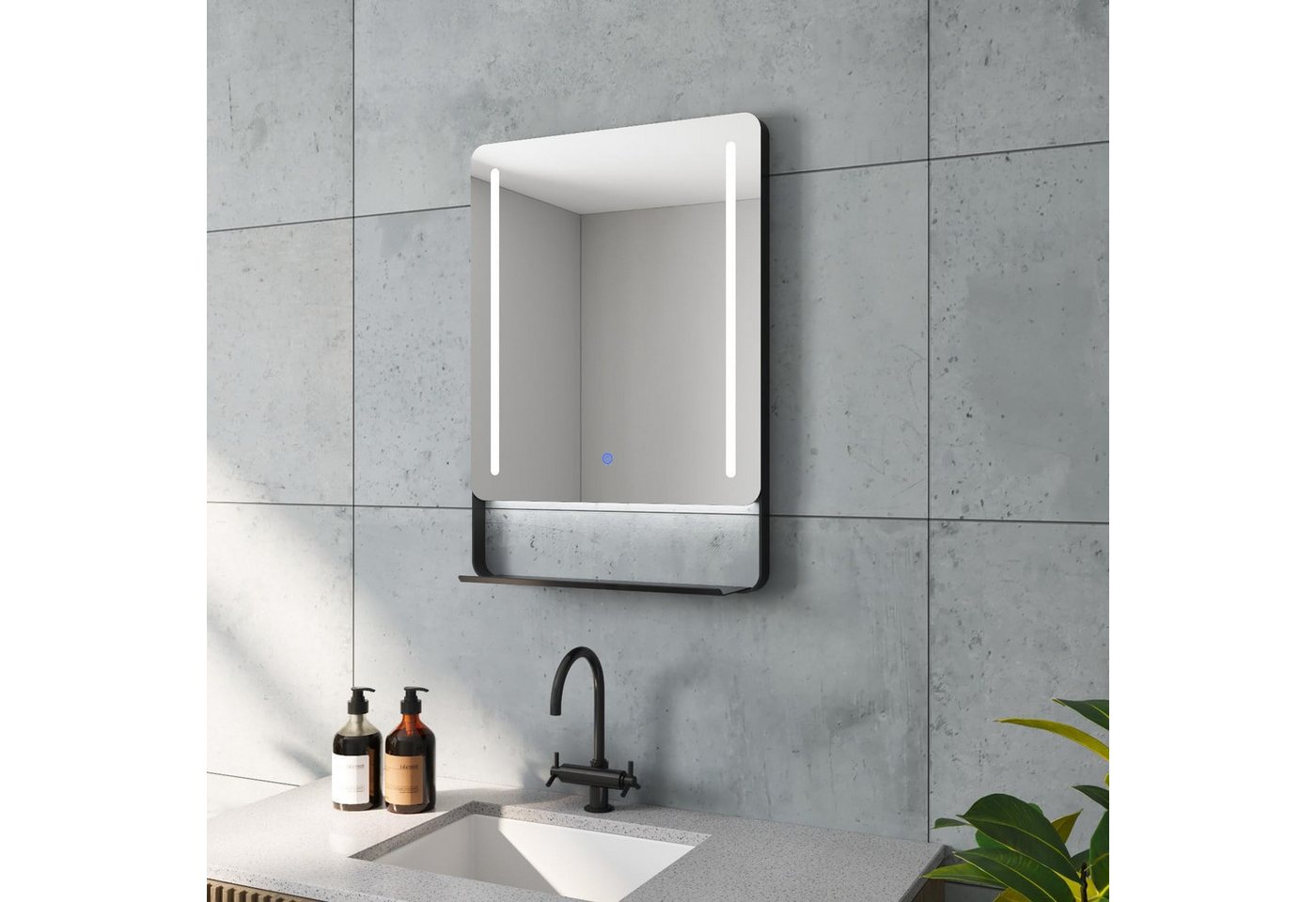 AQUABATOS Badspiegel LED-Lichtspiegel Wandspiegel mit Beleuchtung und Ablage Bad Spiegel, 6400K Kaltweiße, Antibeschlag, Dimmerfunktion, Memory-Funktion, IP44