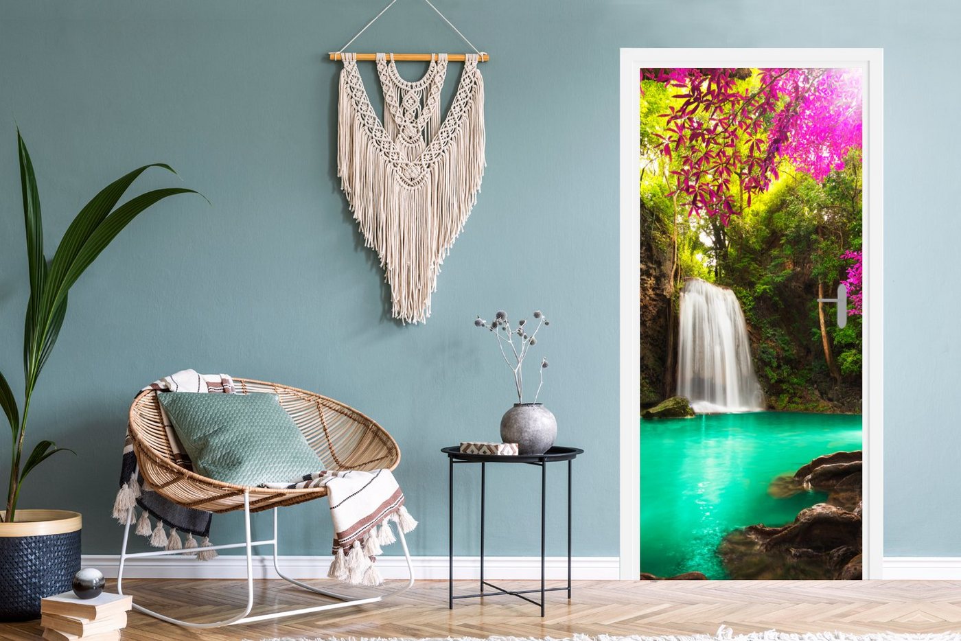 MuchoWow Türtapete Ein Wasserfall im Herbstwald am Erawan-Wasserfall, Matt, bedruckt, (1 St), Selbstklebende Tapete, Folie für Möbel, 75x205 cm Bild 2