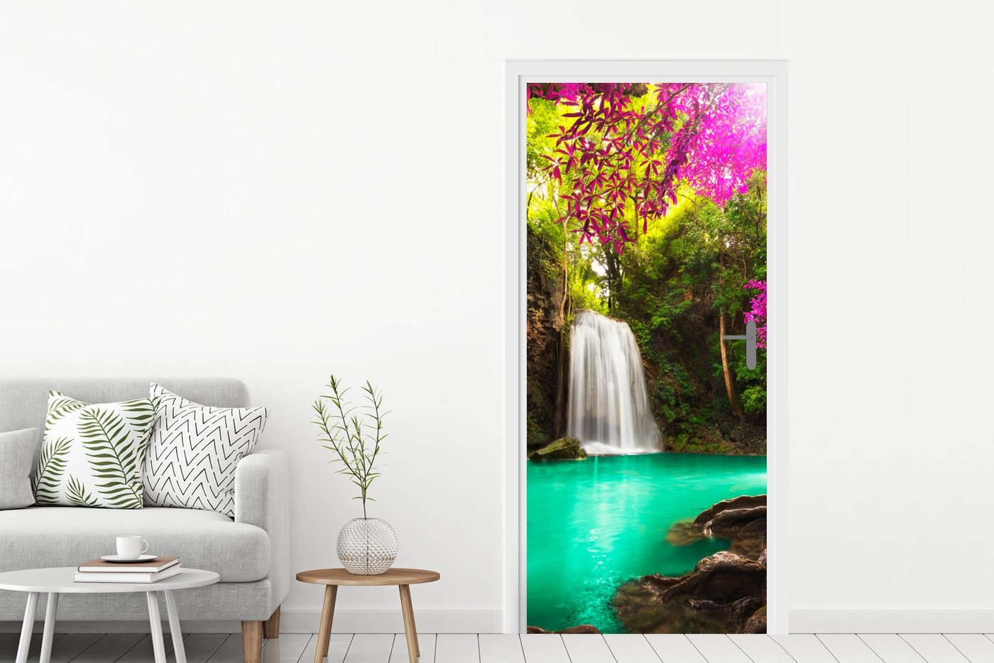 MuchoWow Türtapete Ein Wasserfall im Herbstwald am Erawan-Wasserfall, Matt, bedruckt, (1 St), Selbstklebende Tapete, Folie für Möbel, 75x205 cm Bild 4