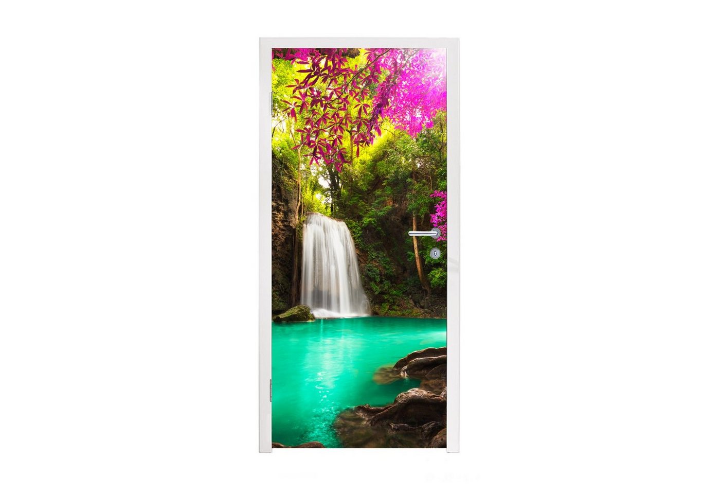 MuchoWow Türtapete Ein Wasserfall im Herbstwald am Erawan-Wasserfall, Matt, bedruckt, (1 St), Selbstklebende Tapete, Folie für Möbel, 75x205 cm Bild 5