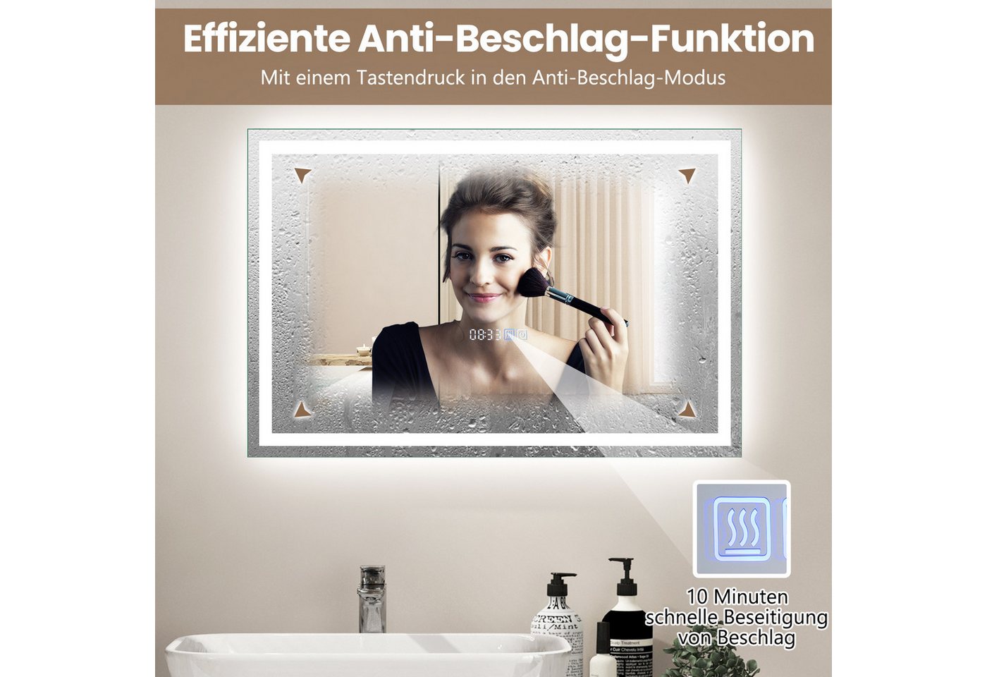 COSTWAY Badspiegel mit LED dimmbar, Touch & Anti-Beschlag & Memory-Funktion
