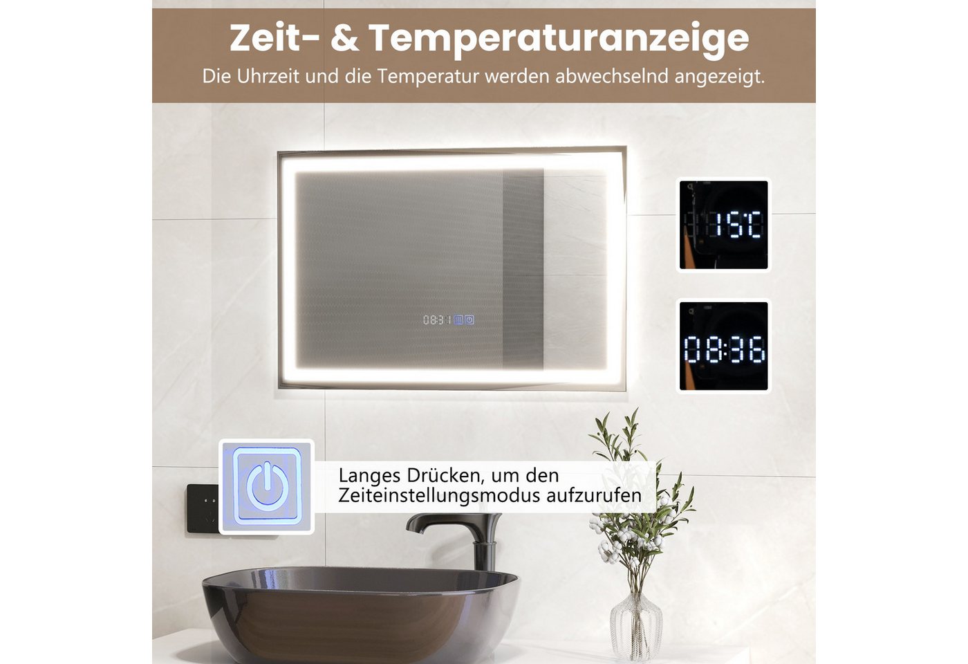 COSTWAY Badspiegel mit LED dimmbar, Touch & Anti-Beschlag & Memory-Funktion Bild 2