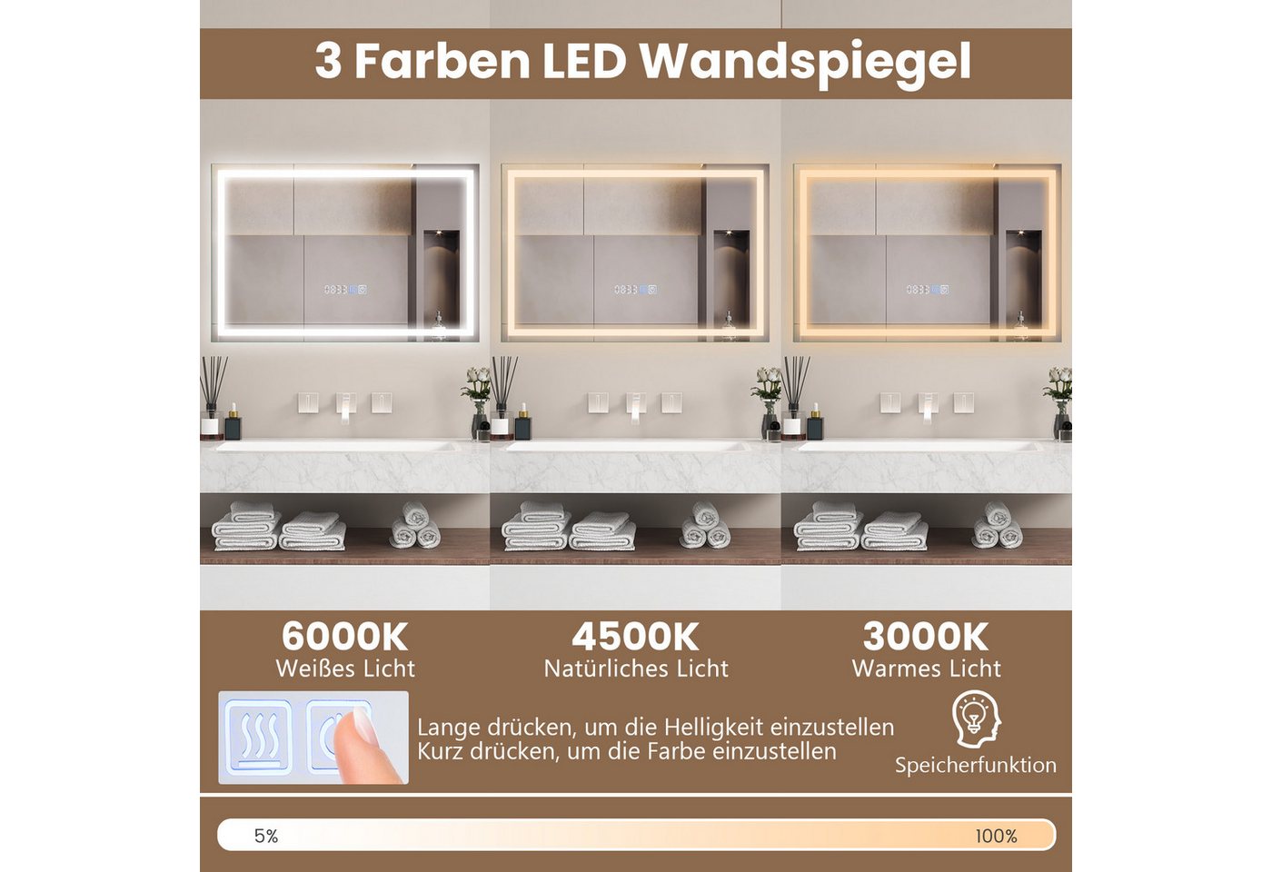 COSTWAY Badspiegel mit LED dimmbar, Touch & Anti-Beschlag & Memory-Funktion Bild 3