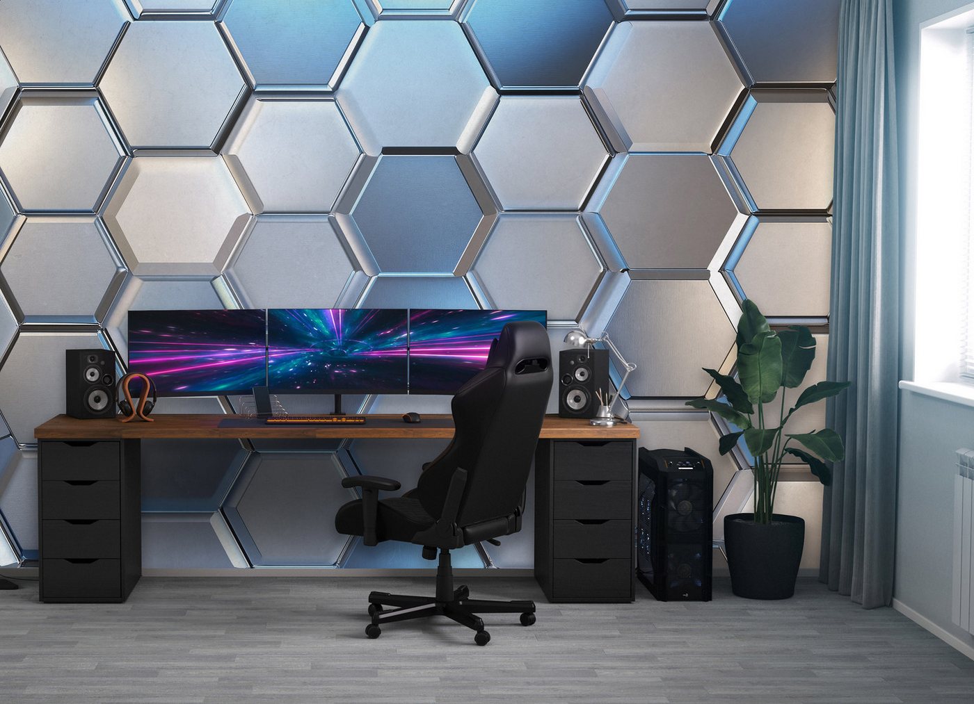 Wallarena Fototapete Vlies Junge Hexagone Gaming Blau Kinderzimmer 400x280 cm, glatt, 400 x 280 cm Bild 5