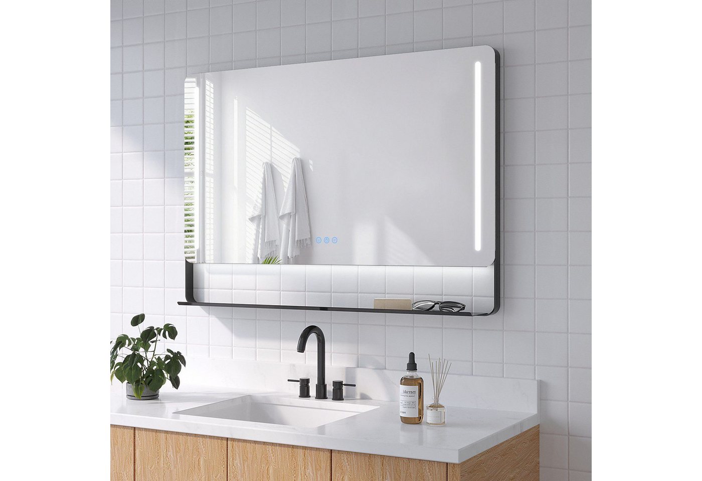 AQUALAVOS Badspiegel Wandspiegel mit Beleuchtung Ablage Schwarzmatter Rahmen 3 Lichtfarben, 100x70 cm Antibeschlag Memory-Funktion IP44 Stufenloses Dimmen Bild 2