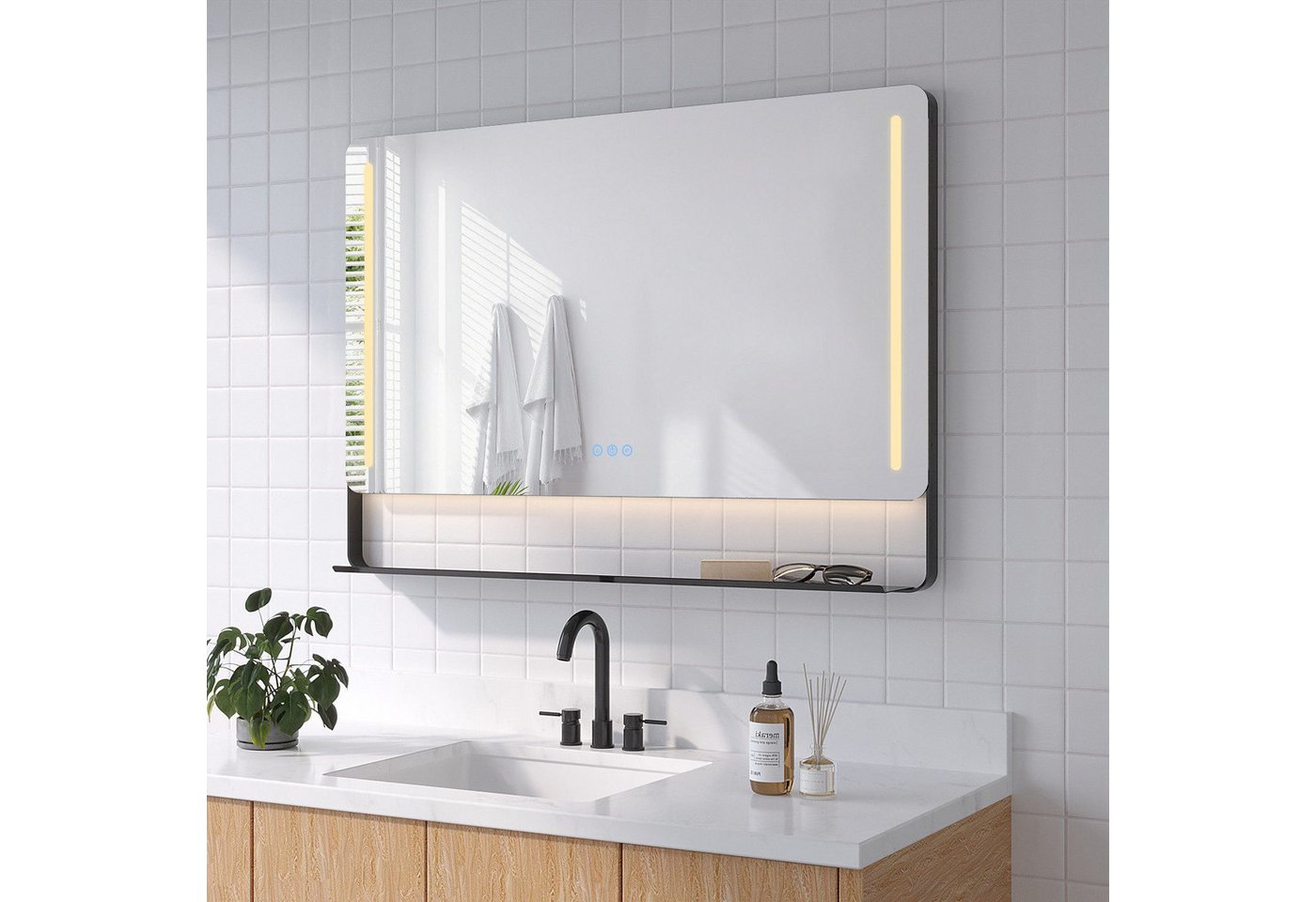 AQUALAVOS Badspiegel Wandspiegel mit Beleuchtung Ablage Schwarzmatter Rahmen 3 Lichtfarben, 100x70 cm Antibeschlag Memory-Funktion IP44 Stufenloses Dimmen Bild 4