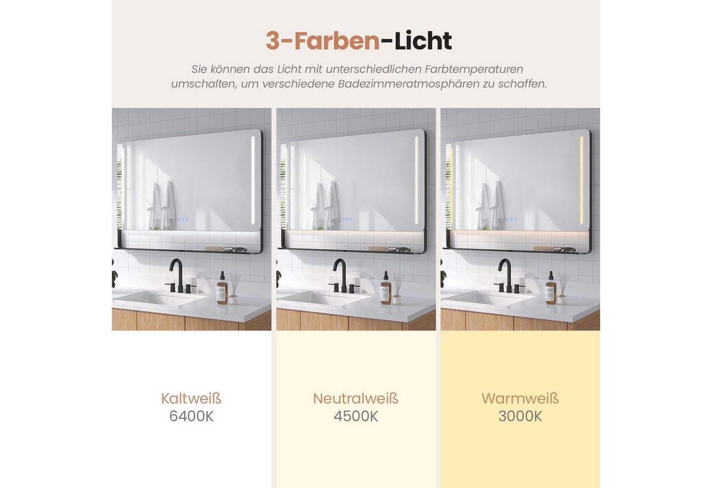 AQUALAVOS Badspiegel Wandspiegel mit Beleuchtung Ablage Schwarzmatter Rahmen 3 Lichtfarben, 100x70 cm Antibeschlag Memory-Funktion IP44 Stufenloses Dimmen Bild 5