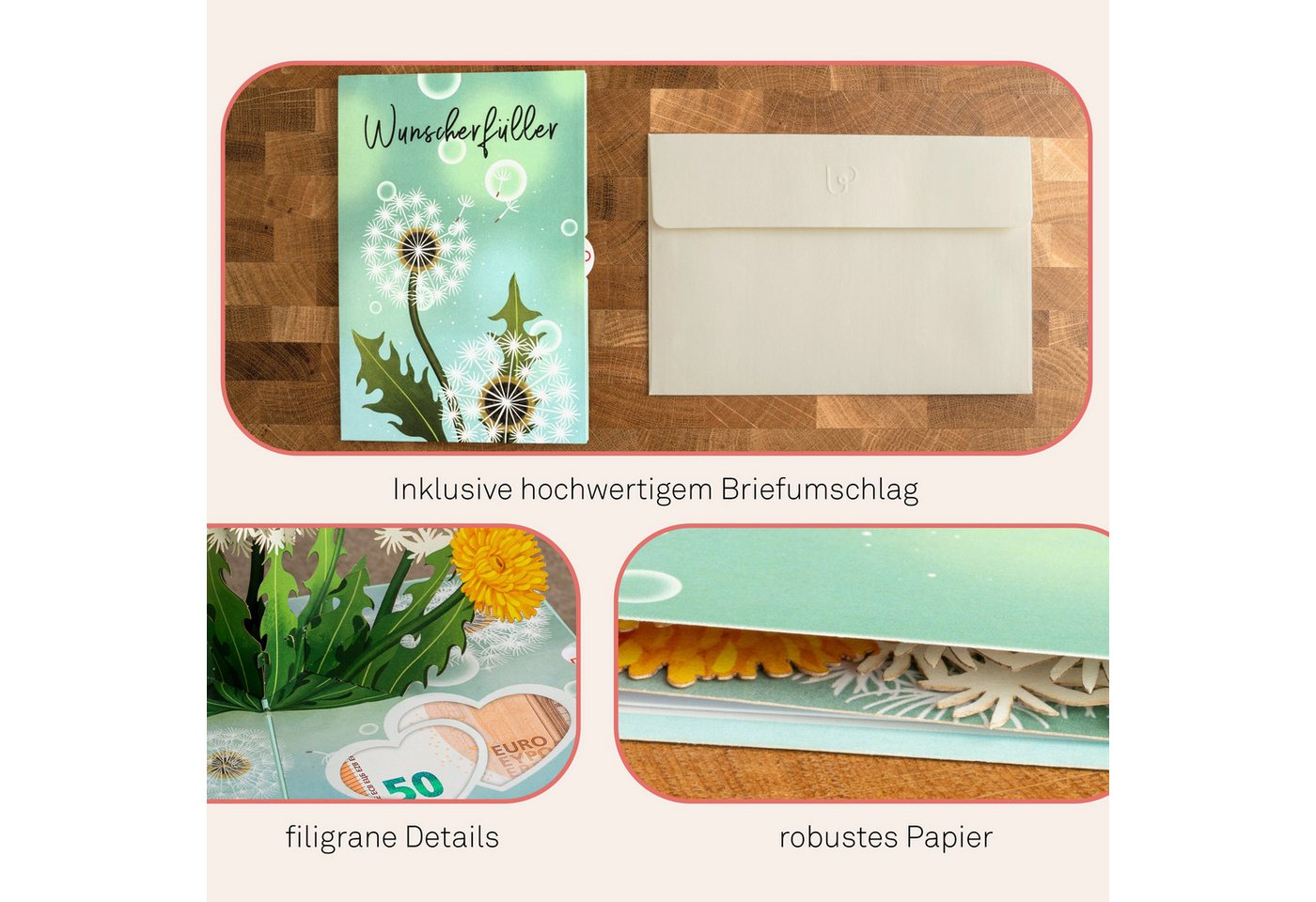 papercrush Geschenkkarte Wunscherfüller, Pop-Up Karte für Geburtstag, Kommunion & Konfirmation, Mit Geldfach, Verschenkfertig, Handgemacht