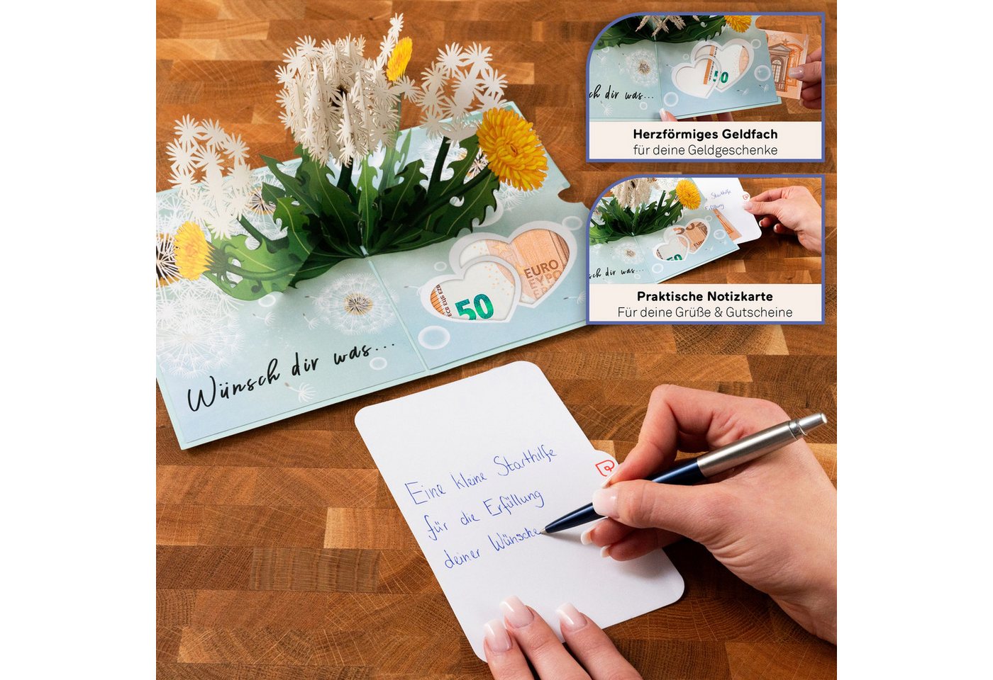 papercrush Geschenkkarte Wunscherfüller, Pop-Up Karte für Geburtstag, Kommunion & Konfirmation, Mit Geldfach, Verschenkfertig, Handgemacht Bild 2