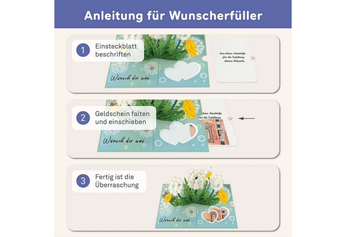 papercrush Geschenkkarte Wunscherfüller, Pop-Up Karte für Geburtstag, Kommunion & Konfirmation, Mit Geldfach, Verschenkfertig, Handgemacht Bild 5