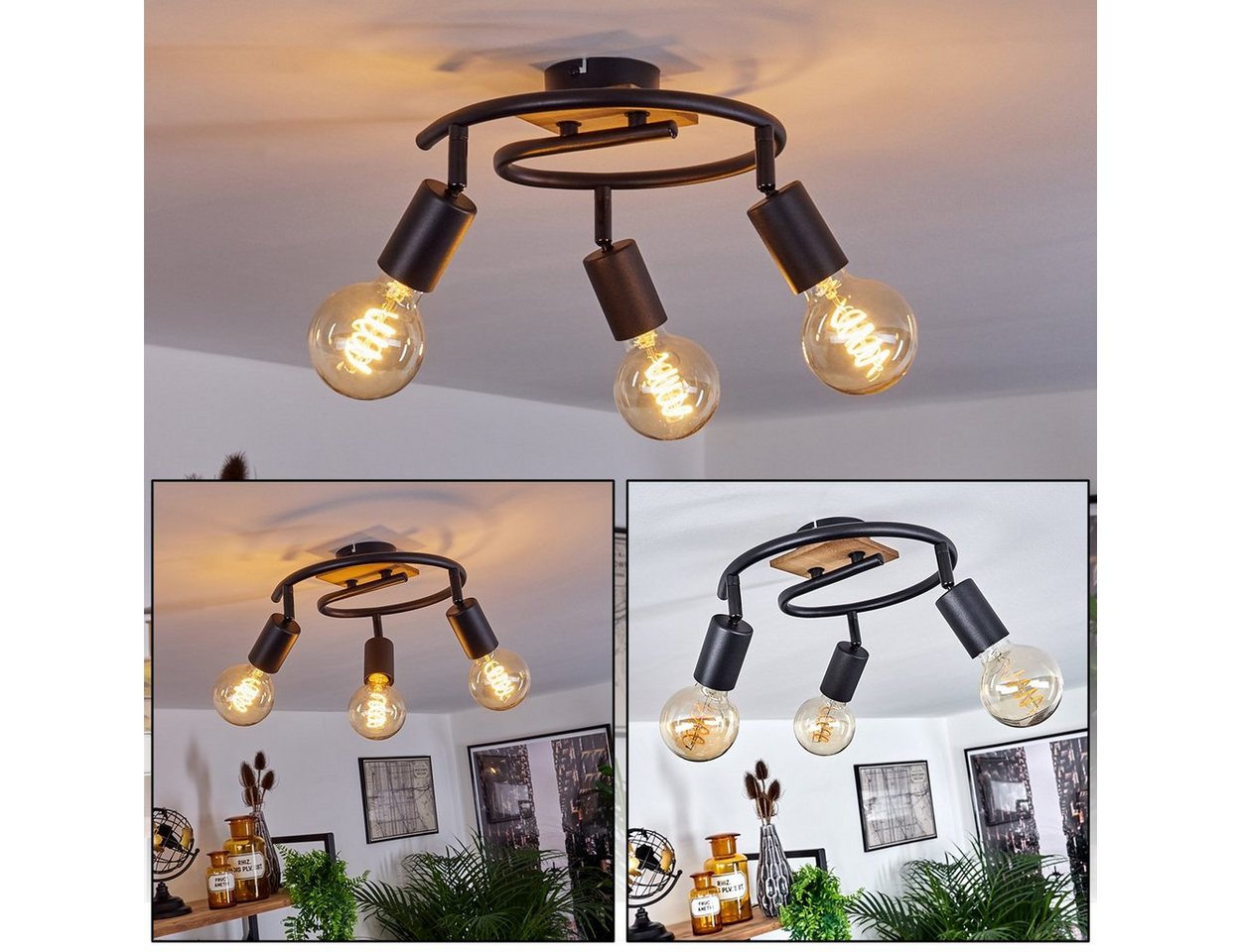 hofstein Deckenleuchte »Agnino« runde Deckenlampe aus Metall/Holz in Schwarz/Natur, ohne Leuchtmittel, mit verstellbaren Strahlern, 3xE27, Spot im Retro/Vintage Design Bild 2