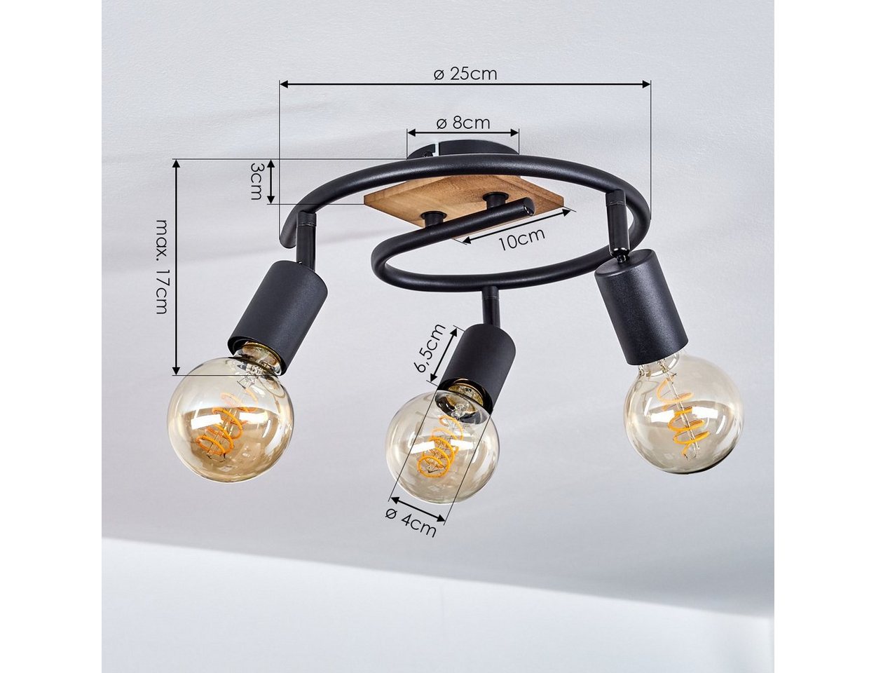 hofstein Deckenleuchte »Agnino« runde Deckenlampe aus Metall/Holz in Schwarz/Natur, ohne Leuchtmittel, mit verstellbaren Strahlern, 3xE27, Spot im Retro/Vintage Design Bild 3