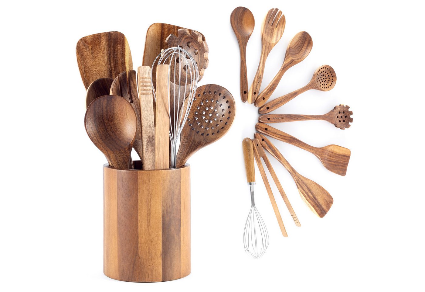 Hanseküche Küchenorganizer-Set Küchenhelfer Set, (Umfassendes Küchenset, 9-tlg., Holzlöffel und Nudelschöpfer, Grillzange, Schneebesen, Pfannenwender), Set aus Holz