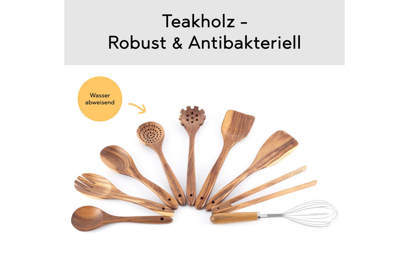 Hanseküche Küchenorganizer-Set Küchenhelfer Set, (Umfassendes Küchenset, 9-tlg., Holzlöffel und Nudelschöpfer, Grillzange, Schneebesen, Pfannenwender), Set aus Holz Bild 4