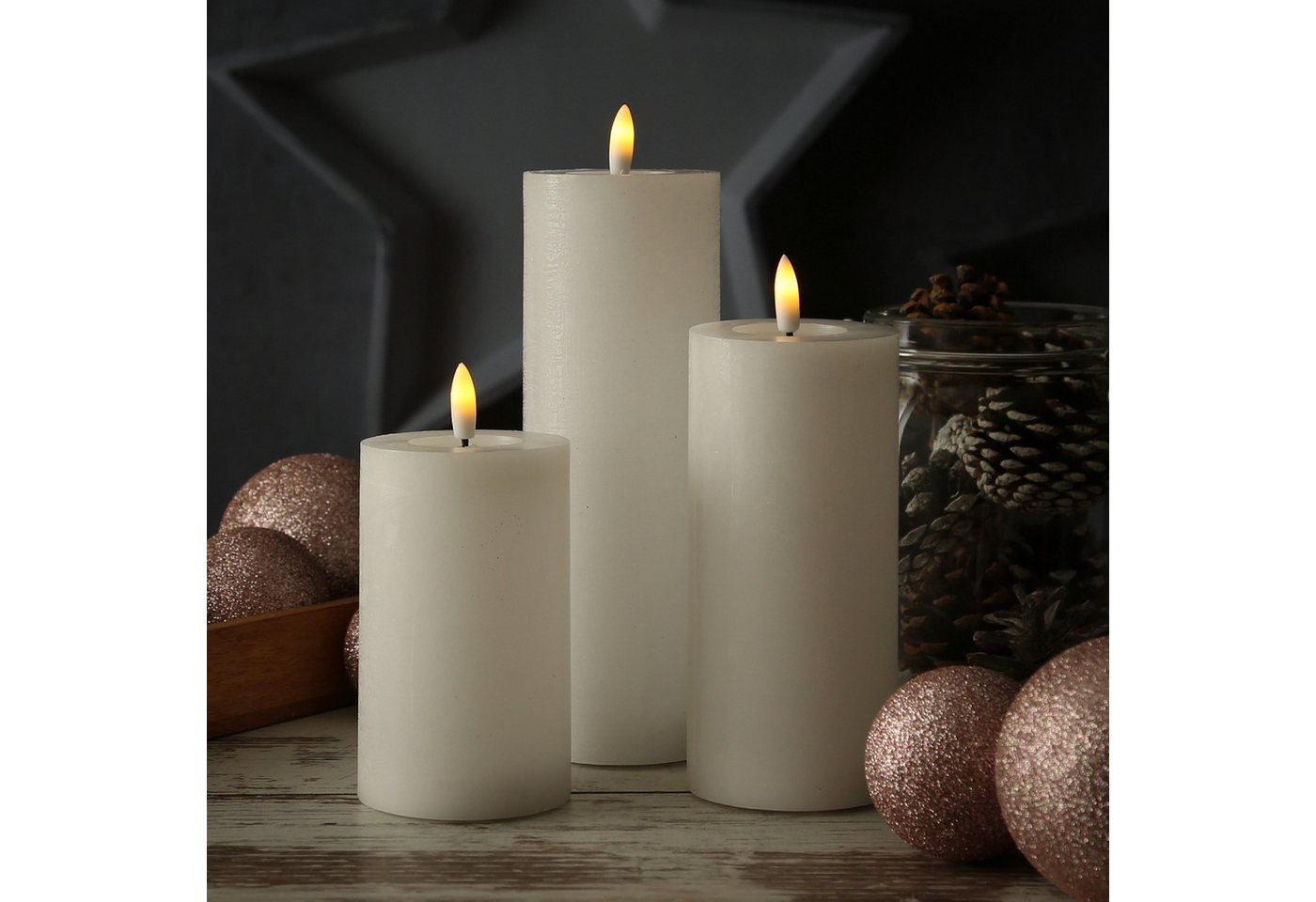 Adilina LED-Kerze Kerzenset LINA Rustik Optik für Adventskranz 3 Größen Timer weiß 3St, LED Classic, warmweiß (2100K bis 3000K)