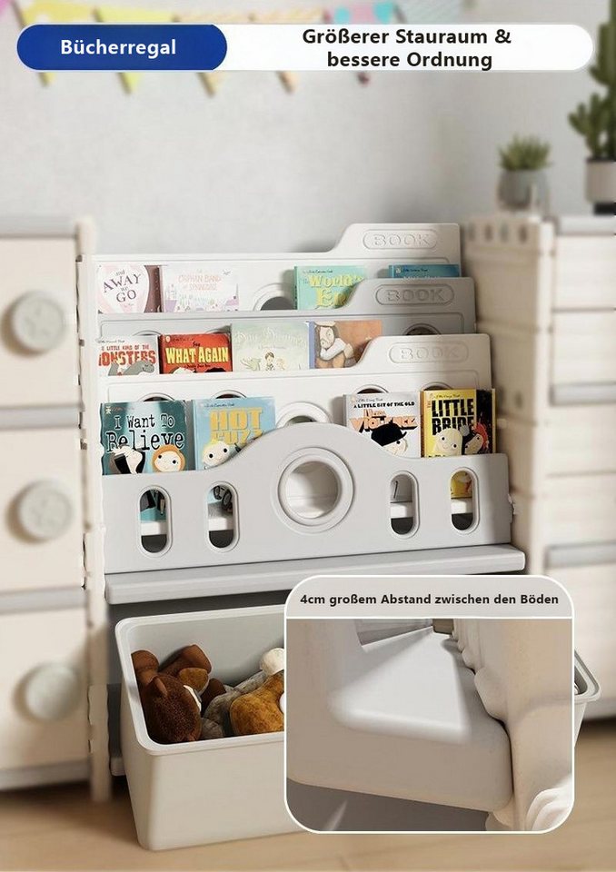 habeig Kinderregal multifunktional Buchablagen Türen Körbe Standregal Schrank, mit Haltern für Bücher