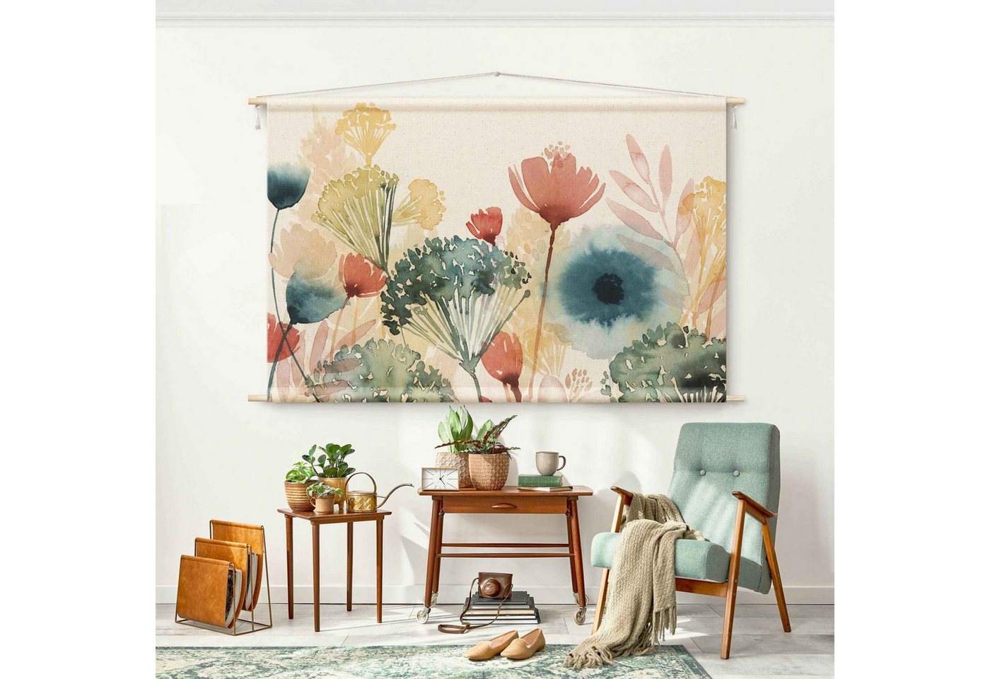 Bilderdepot24 Wandteppich modern Blumen Aquarell Landhaus weiss, rechteckig, Höhe: 2.6 mm, großes Wandbild aus Natur-Baumwolle Wandbehang Stoffbild Tuch Wollseil