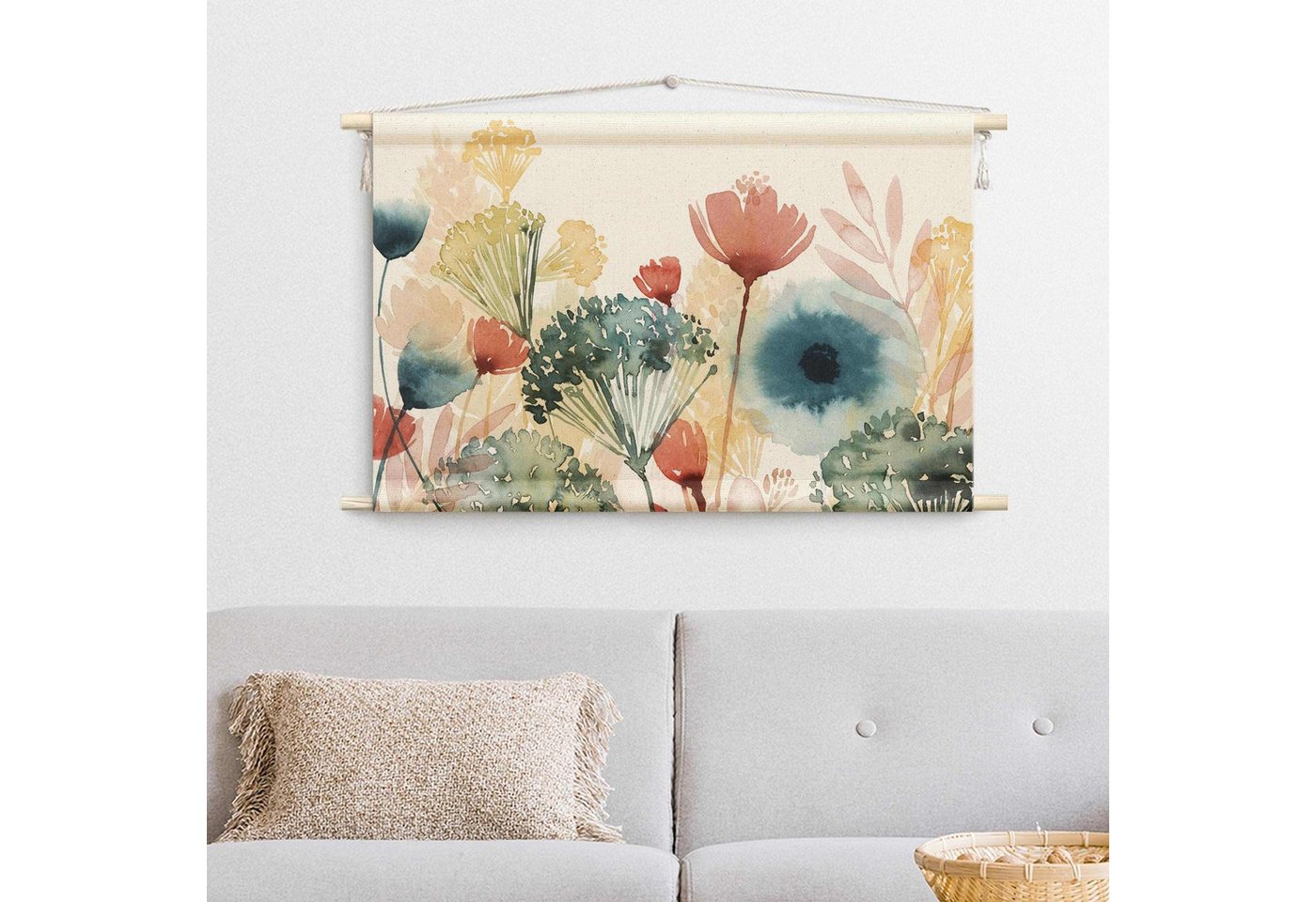 Bilderdepot24 Wandteppich modern Blumen Aquarell Landhaus weiss, rechteckig, Höhe: 2.6 mm, großes Wandbild aus Natur-Baumwolle Wandbehang Stoffbild Tuch Wollseil Bild 3