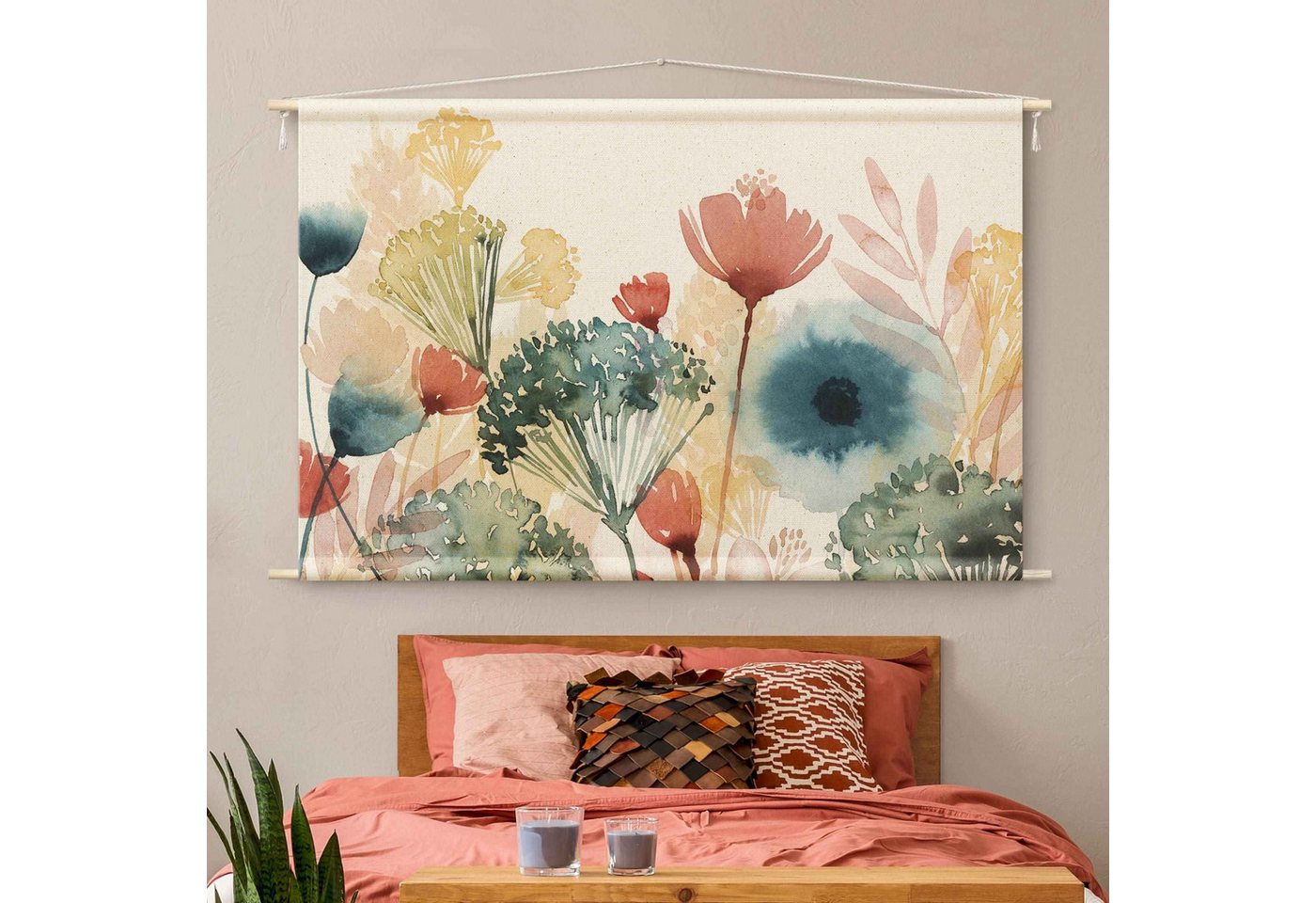 Bilderdepot24 Wandteppich modern Blumen Aquarell Landhaus weiss, rechteckig, Höhe: 2.6 mm, großes Wandbild aus Natur-Baumwolle Wandbehang Stoffbild Tuch Wollseil Bild 4
