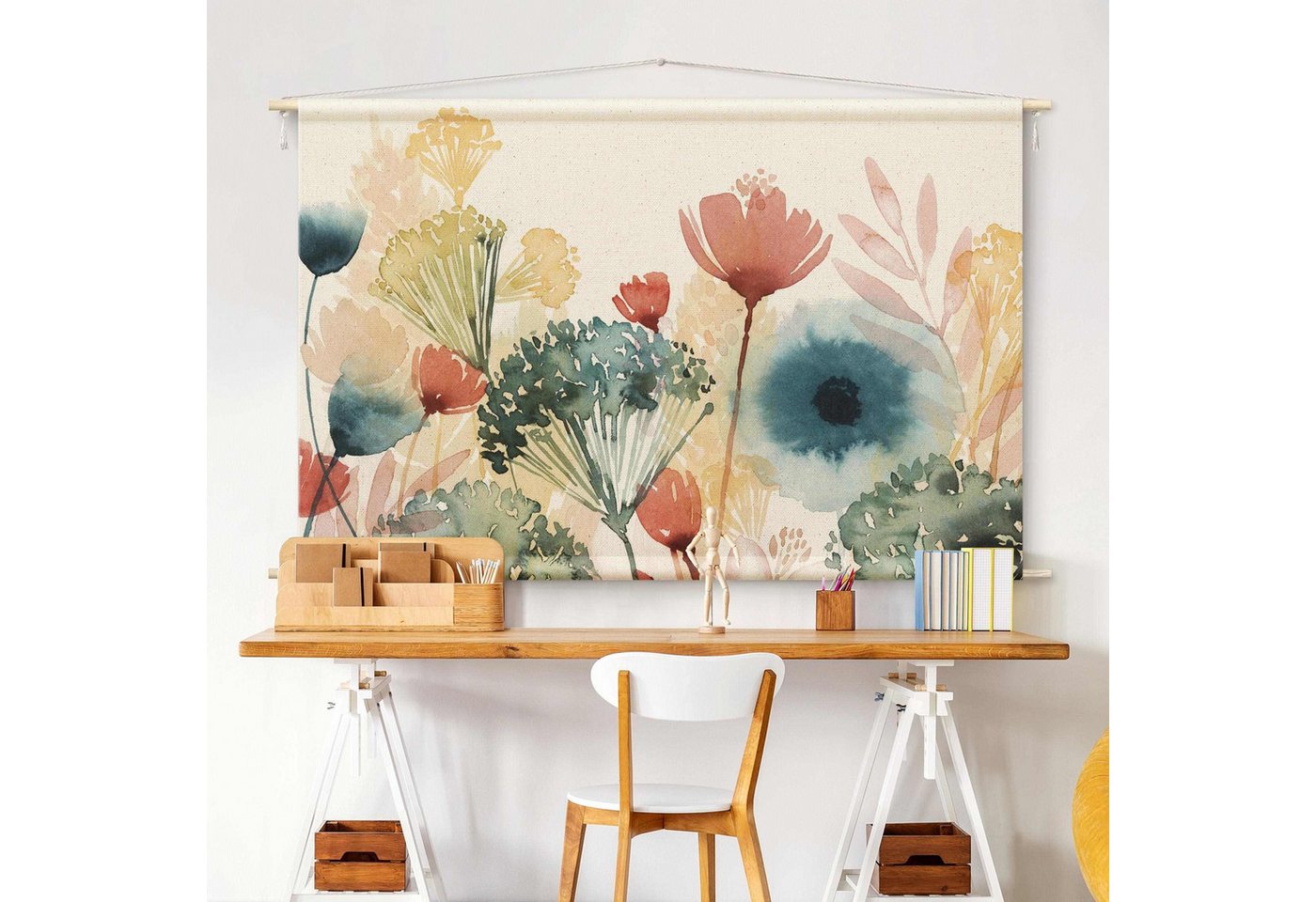 Bilderdepot24 Wandteppich modern Blumen Aquarell Landhaus weiss, rechteckig, Höhe: 2.6 mm, großes Wandbild aus Natur-Baumwolle Wandbehang Stoffbild Tuch Wollseil Bild 5