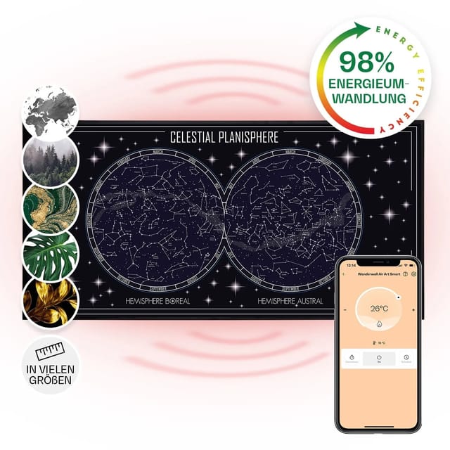 Klarstein Wonderwall Air Art Smart Infrarotheizung Wandinstallation App-Steuerung Motiv Himmelskarte 120x60 cm 700 W Schwarz