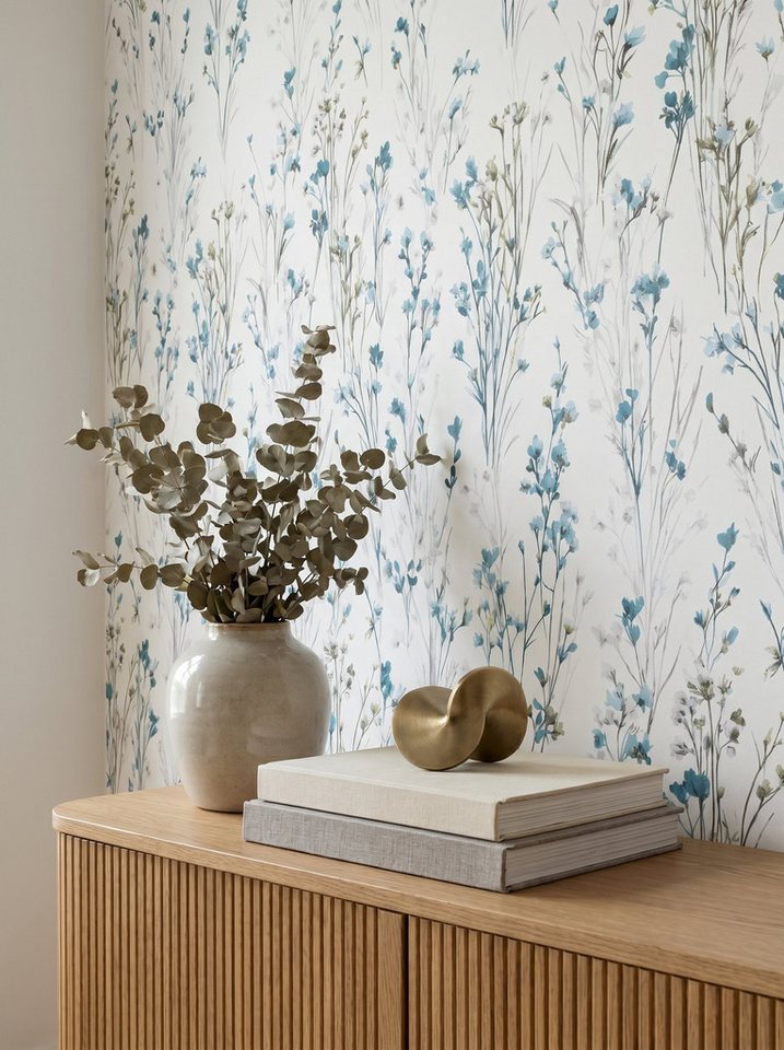 Newroom Vliestapete Lunara Türkis Tapete Vliestapete Blumen, Floral, Blumenranke, strukturiert, Mustertapete Bild 2