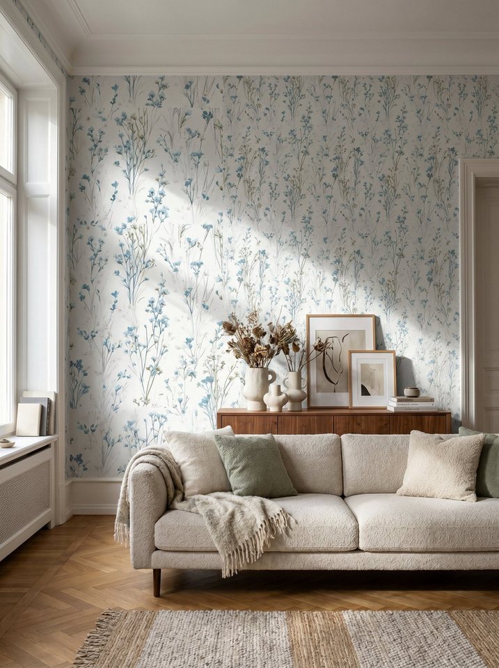 Newroom Vliestapete Lunara Türkis Tapete Vliestapete Blumen, Floral, Blumenranke, strukturiert, Mustertapete Bild 3