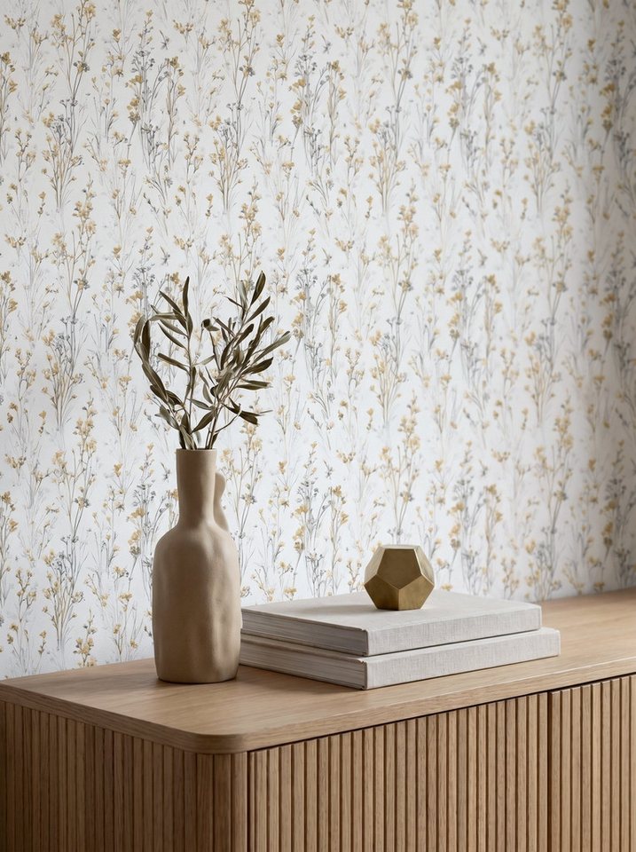 Newroom Vliestapete Lunara Ocker Tapete Vliestapete Blumen, Floral, Blumenranke, strukturiert, Mustertapete