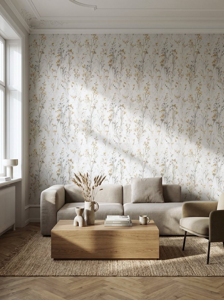 Newroom Vliestapete Lunara Ocker Tapete Vliestapete Blumen, Floral, Blumenranke, strukturiert, Mustertapete Bild 2