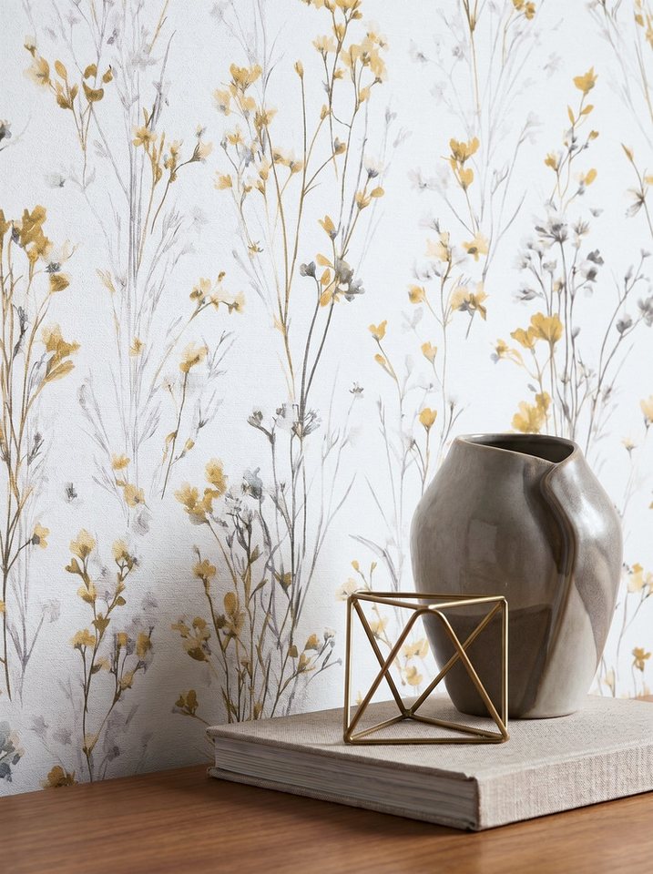 Newroom Vliestapete Lunara Ocker Tapete Vliestapete Blumen, Floral, Blumenranke, strukturiert, Mustertapete Bild 4