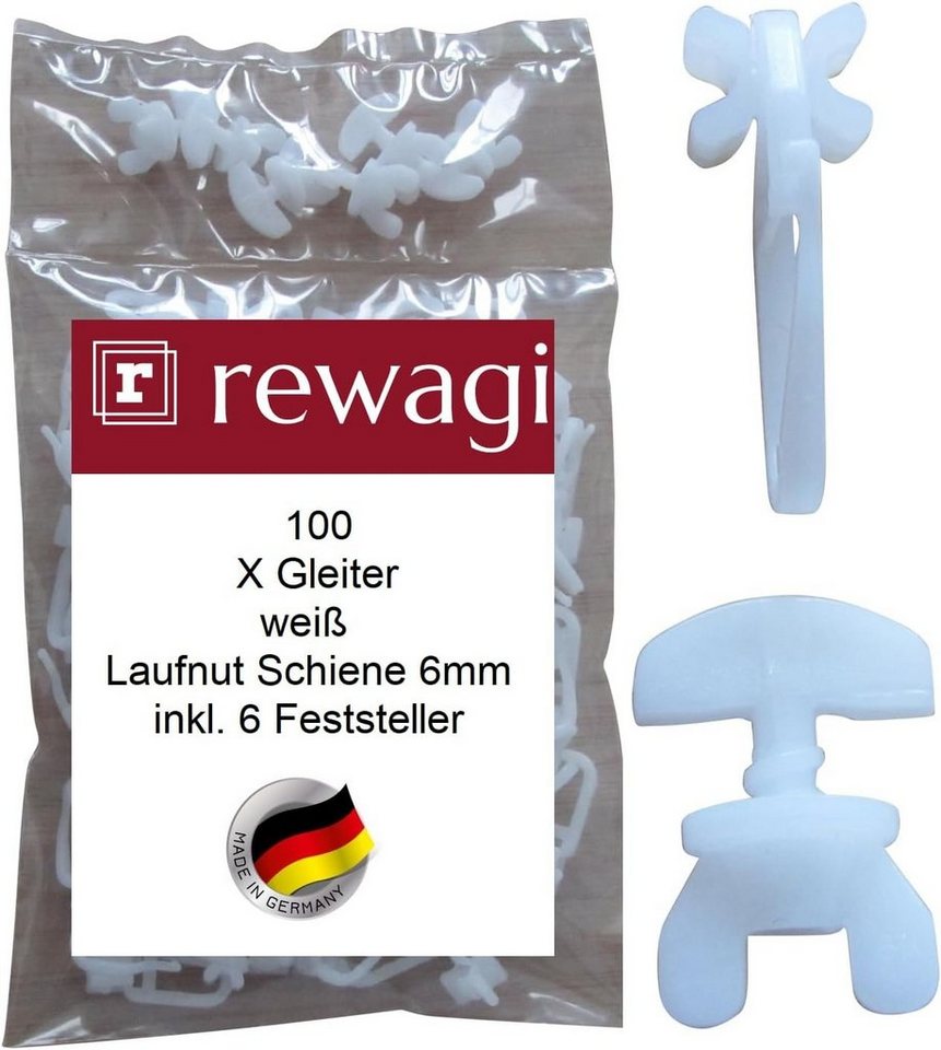 rewagi Gardinengleiter 100 X Gleiter & 6 Feststeller, Überklipshaken, Faltenhaken, Gardinen, Vorhänge, Gardinenstangen, Innenlaufsysteme, Gardinenschienen, Gardinenleiste, (106-St., 100 X Gleietr & 6 Feststeller), Laufnut - Spurbreite Gardinenschiene 6mm Bild 4