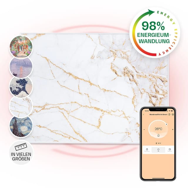 Klarstein Wonderwall Air Art Smart Infrarotheizung 80x60 cm 500 W Wandmontage App-Steuerung Motiv Marmor Weiß