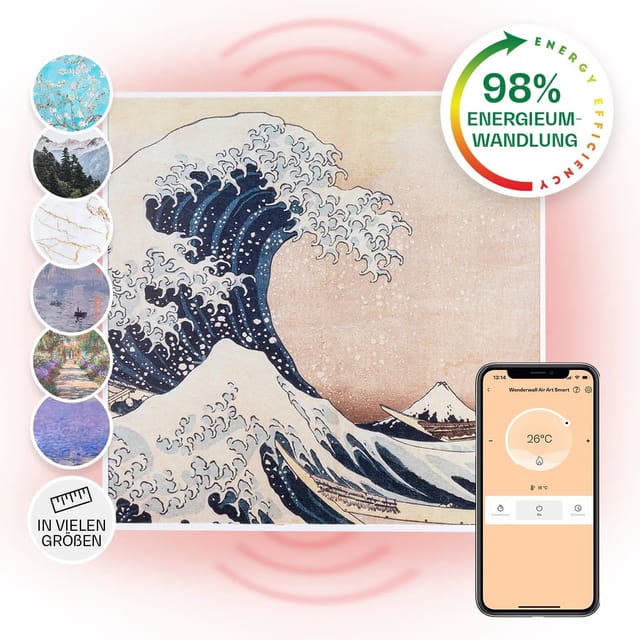 Klarstein Wonderwall Air Art Smart Infrarotheizung 60x60 cm 350 W Wandinstallation App-Steuerung Motiv Wellen Weiß