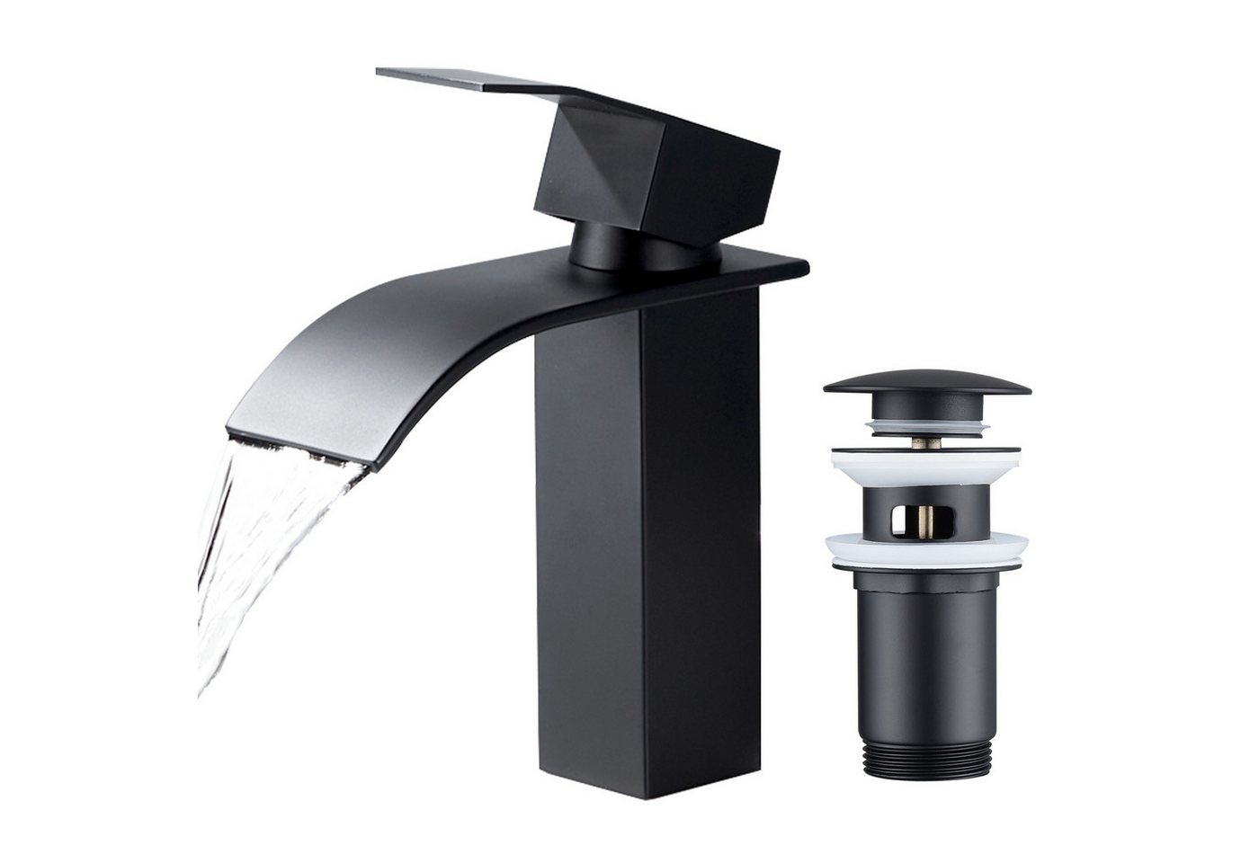 HOMELODY Waschtischarmatur Wasserfall Badarmatur Wasserhahn Badezimmer Armatur (2-St., Wasserfall WasserhahnAblaufgarnitur) +mit Pop Up Ablaufgarnitur mit Überlauf Waschbecken Armatur, Schwarz