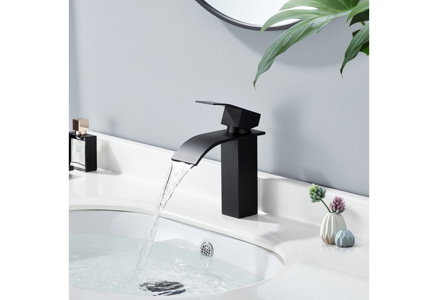HOMELODY Waschtischarmatur Wasserfall Badarmatur Wasserhahn Badezimmer Armatur (2-St., Wasserfall WasserhahnAblaufgarnitur) +mit Pop Up Ablaufgarnitur mit Überlauf Waschbecken Armatur, Schwarz Bild 2