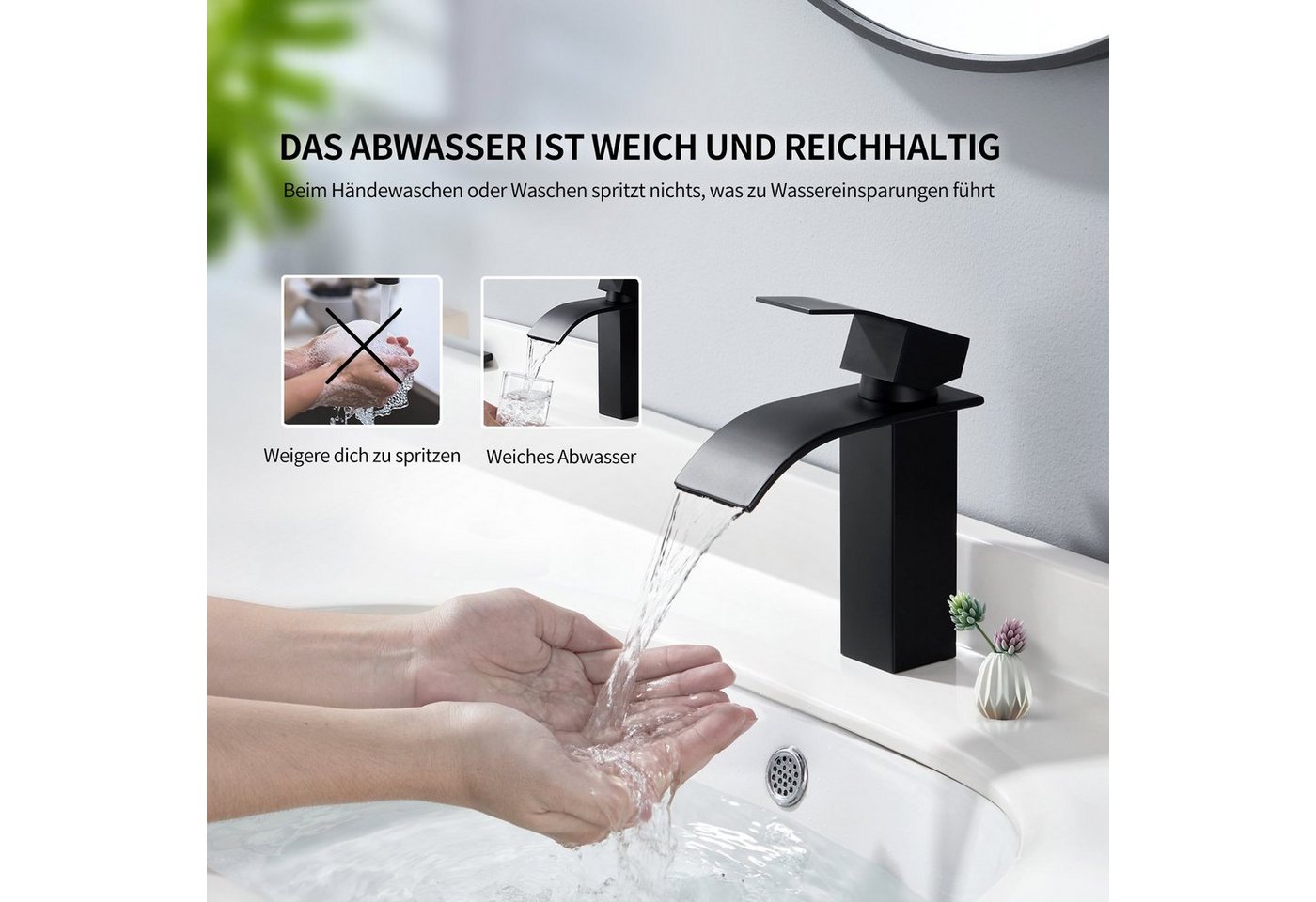HOMELODY Waschtischarmatur Wasserfall Badarmatur Wasserhahn Badezimmer Armatur (2-St., Wasserfall WasserhahnAblaufgarnitur) +mit Pop Up Ablaufgarnitur mit Überlauf Waschbecken Armatur, Schwarz Bild 4